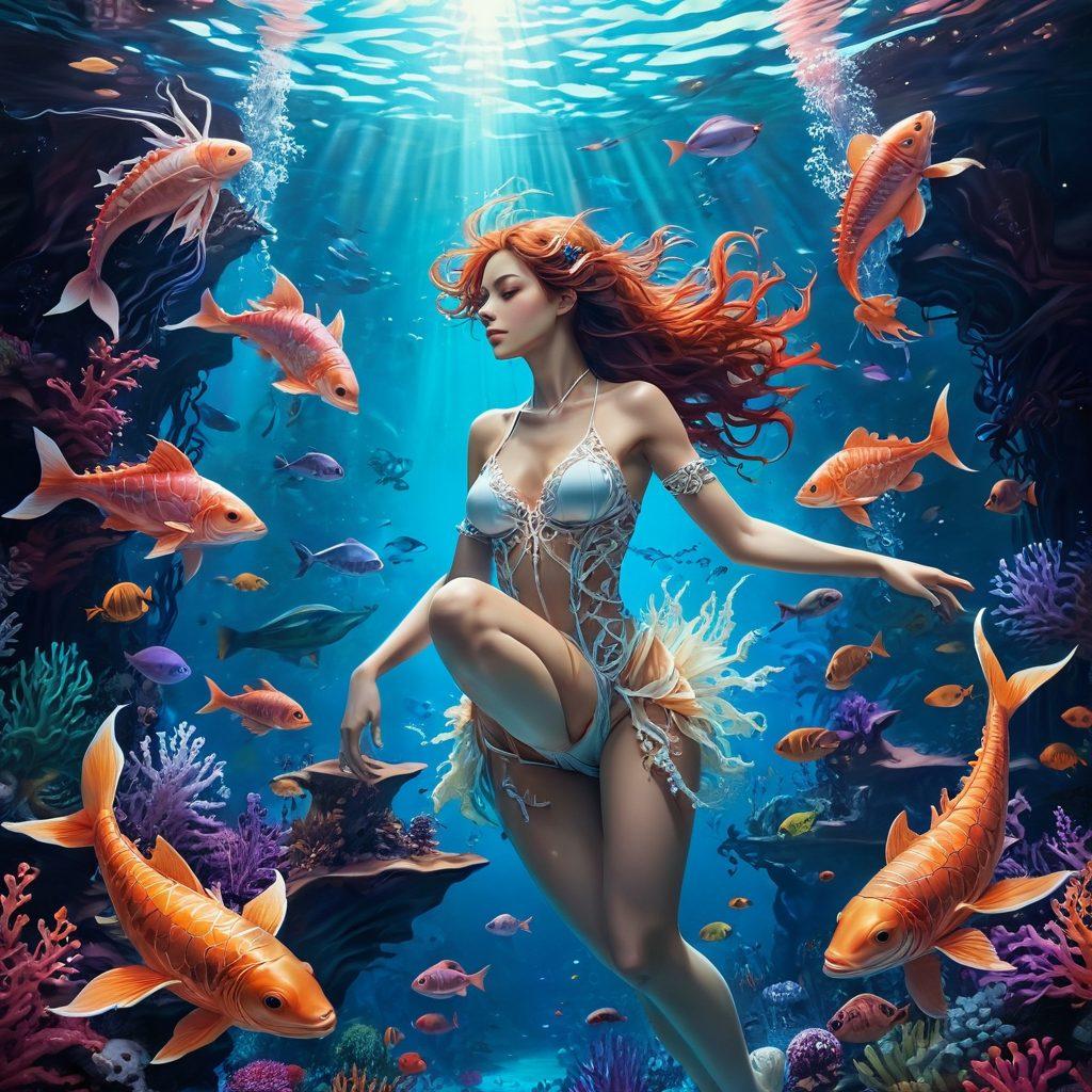 A captivating underwater scene depicting a fusion of fetish culture and erotic art within a vibrant fantasy world. Envision colorful marine creatures adorned with elements of kink, such as leather and lace, while abstract forms of hentai characters explore the depths. Ethereal lighting illuminates the surroundings, creating a sense of intrigue and allure. Emphasize fluidity and movement in the artwork, inviting viewers into an immersive experience. surrealism. vibrant colors. 3D.